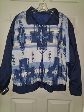 Andy Johns Sport Navy & Light Blue Aztec-Print Women's Windbreaker Jacket Large